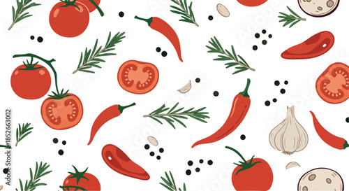 Pixel Art Food Pattern Tomato Chili Pepper Garlic Rosemary White Background
