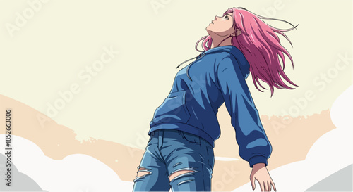 Pixel Art Girl Blue Hoodie Ripped Jeans Looking Up Sky