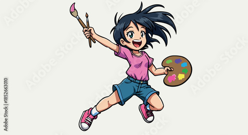 Pixel Art Girl Artist Painting With Palette and Brush Joyful Pose White Background