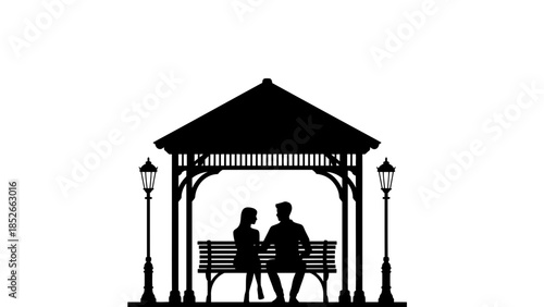 Couple sitting on a park bench under a gazebo
