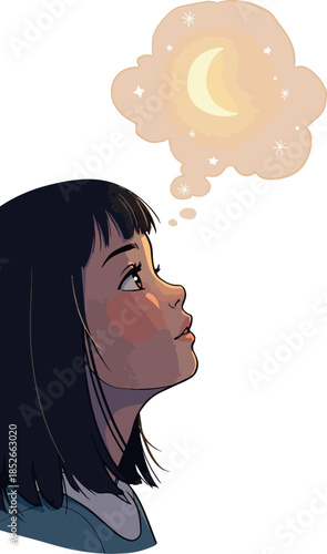 Pixel Art Girl Dreams of Moon Under Stars Soft Golden Light