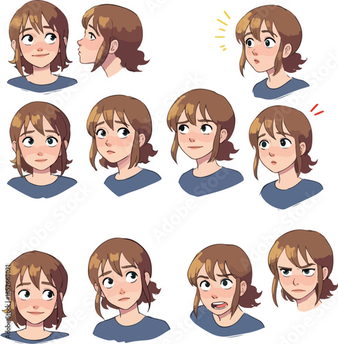 Pixel Art Girl Character Various Expressions Emotions Blue Shirt Isolated