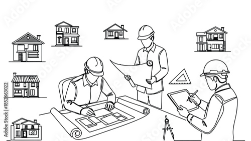 Architects and engineers planning construction projects with blueprints