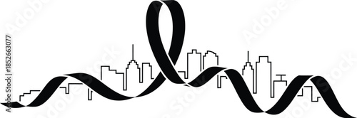 Black ribbon and city silhouette concept to commemorate those who lost their lives