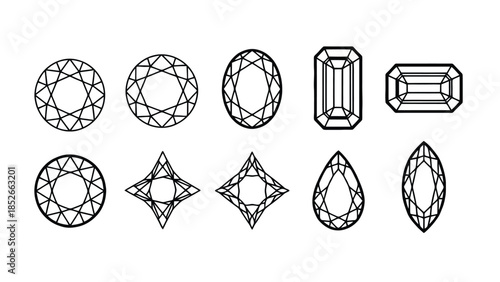 Variety of diamond shapes and cuts illustrated