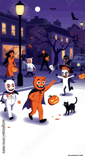 Pixel Art Halloween Street Scene Children Trick Or Treating Costumes Night