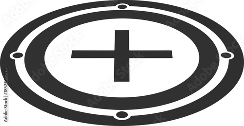 Dark gray stylized oval border with white concentric rings and a central cross symbol