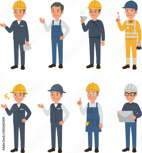 Pixel Art Male Workers Blue Overalls Hard Hats Yellow Vest Isolated