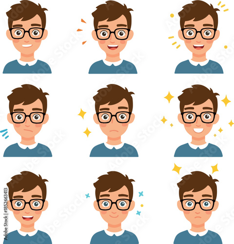 Pixel Art Man Avatar Expressing Various Emotions With Sparkles