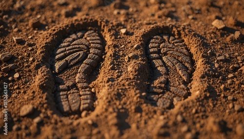 Close up view of detailed boot footprints pressed into dry reddish earth