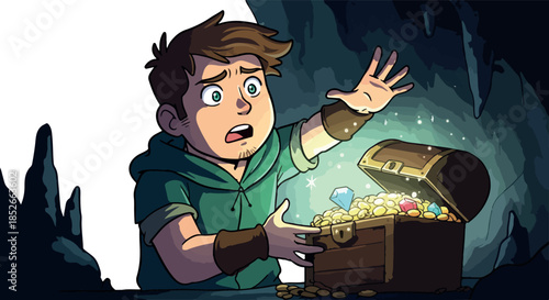 Pixel Art Man Discovers Glowing Treasure Chest in Dark Cave