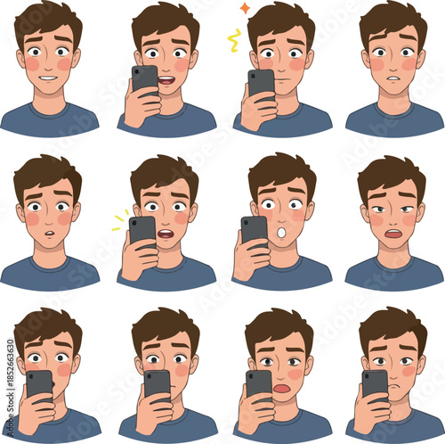 Pixel Art Man Expressions Holding Phone Blue TShirt White Background