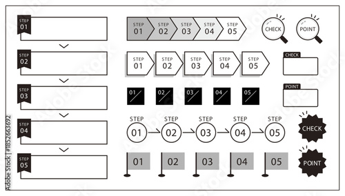 シンプルなステップ図解とチェック・ポイントのフレームセット｜手順・工程・解説｜ステップ、チェック、ポイント、フレーム、図解、ベクター