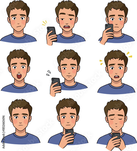 Pixel Art Man Faces Icons Set Emotions Holding Phone Expressions