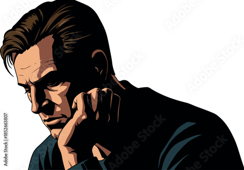 Pixel Art Man Portrait Detailed Face Thinking Pose Dark Casual Outfit Isolated