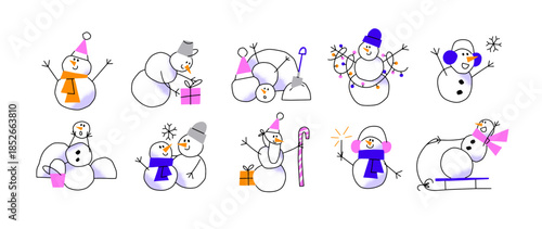 Set of cute snowmen in doodle style. Funny snow characters on winter holidays. Happy cartoons of Christmas with snowflakes, sledge and sparklers. Flat isolated vector illustrations on white background