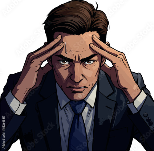 Pixel Art Man In Suit Stressed Thinking Hard With Hands On Temples