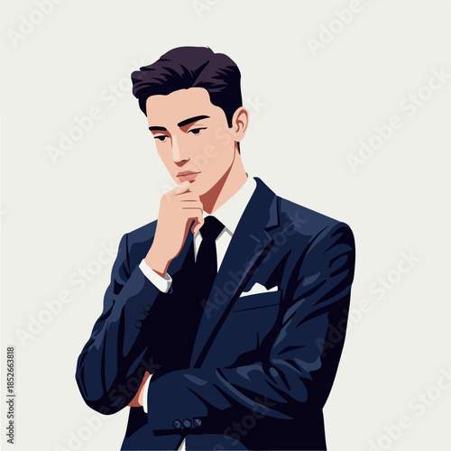 Pixel Art Man In Navy Suit Thinking With White Background