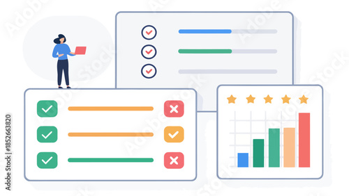 Businesswoman analyzing data on laptop with charts and graphs