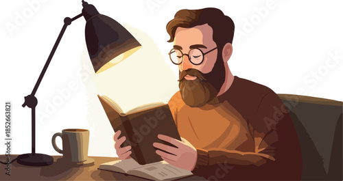 Pixel Art Man Reading Book Under Warm Lamp Light Cozy Atmosphere