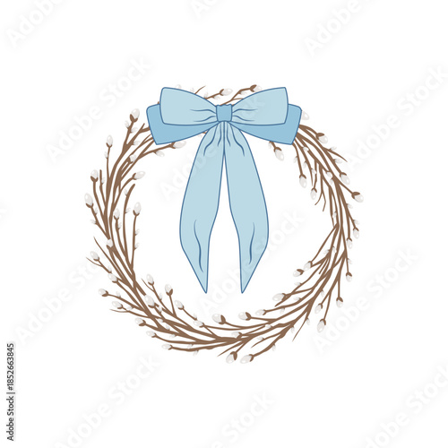 Easter wreath illustration with blooming willow catkins and blue bow. Spring holiday symbol