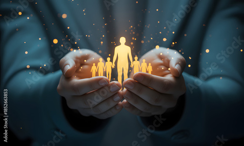 Hands cradling a small glowing cityscape with a person in the center