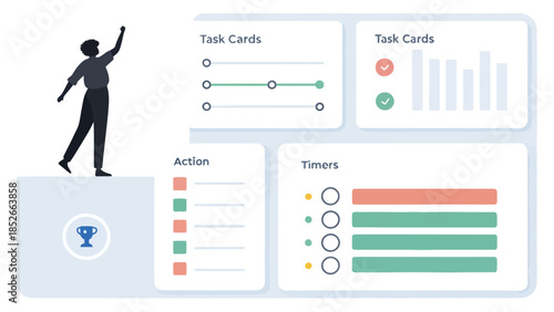 Person standing on a block with task management interface