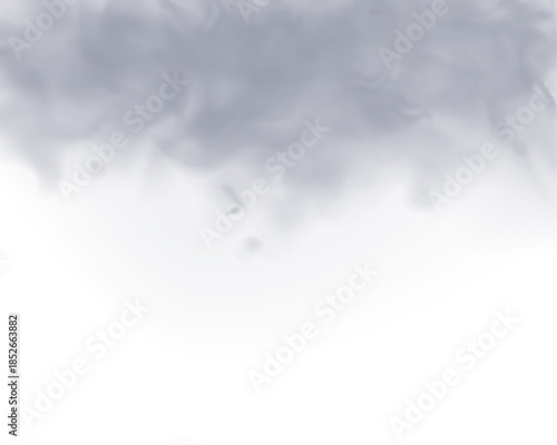 Gray smoke wisps drifting softly on a white background. Realistic smoke, fog, and cloud textures in 3D illustration style. Cutout smoke and cloud PNG image. Vector illustration.
