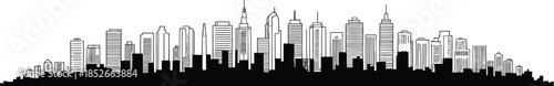 Cityscape silhouette design with many different buildings and several tall skyscrapers