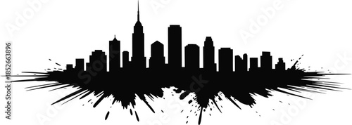Cityscape silhouette with a grunge splash paint splatter design with many buildings