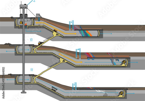 Diagram illustrating three stages of underground tunnel boring and muck removal