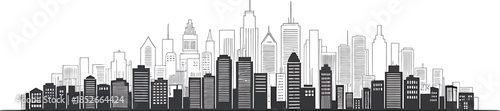 Detailed metropolis silhouette design of many different buildings and tall skyscrapers