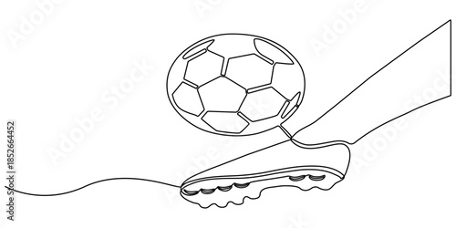 Single one line drawing football shoes and soccer ball. Football icon. Soccer ball boots. Sports inventory. Competitive and competition game tournament. Continuous line draw design vector illustration