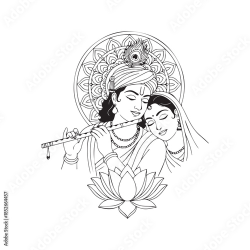 Lord Krishna and Radha line art drawing. Hindu god playing flute with goddess vector illustration. Black and white outline sketch with lotus and mandala for coloring book.
