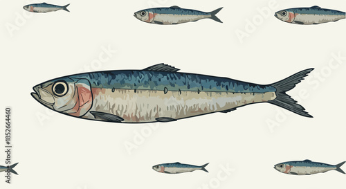 Pixel Art Sardine Pattern Isolated Object Vector Minimal Illustration Flat Design