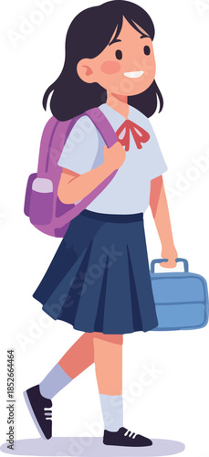 Pixel Art School Girl Walking with Purple Backpack and Blue Lunchbox