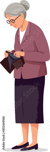 Pixel Art Senior Woman With Empty Wallet In Mauve Jacket And Skirt