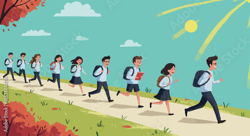 Pixel Art School Kids Running with Backpacks on Autumn Path Under Sun