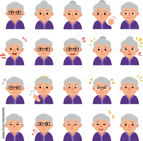 Pixel Art Senior Man Avatars Expressing Diverse Emotions Flat Design