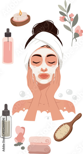 Pixel Art Spa Day Woman Facial Mask Self Care with Candle Bubbles