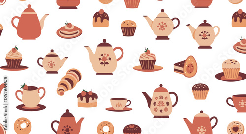 Pixel Art Tea Party Pattern Featuring Teapots And Pastries