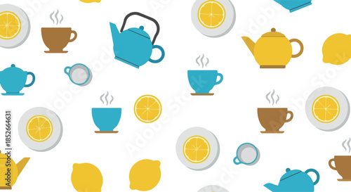 Pixel Art Tea Time Pattern Hot Drinks Teapots Cups Lemon Slices Yellow Blue