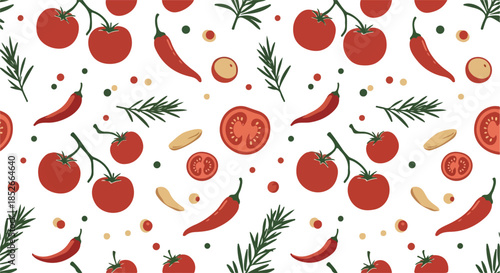 Pixel Art Tomato Chili Pattern Red Green White Background Kitchen
