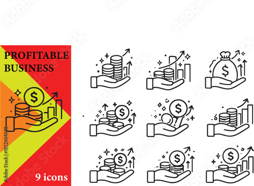 Collection of 9 profitable busness icons, user reviews, review symbols line icons and more line icons