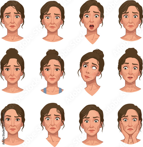 Pixel Art Woman Expressing Diverse Emotions with Soft Lighting on White Background