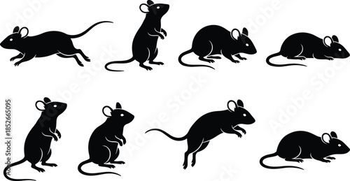 Black Rat and Mouse Silhouette Vector Icon Collection, Depicting Running, Standing, and Jumping Poses for Pest Control, Rodent Infestation, and Animal Graphics