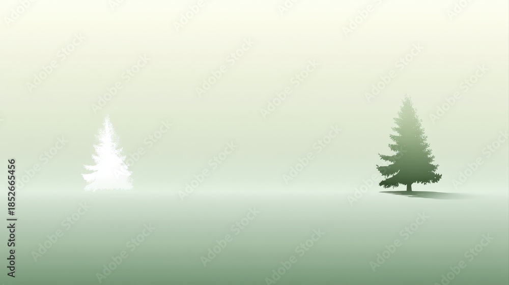 Obraz premium A serene digital landscape featuring two stylized trees in varying shades against a minimalist, gradient background, Christmas arts poster background