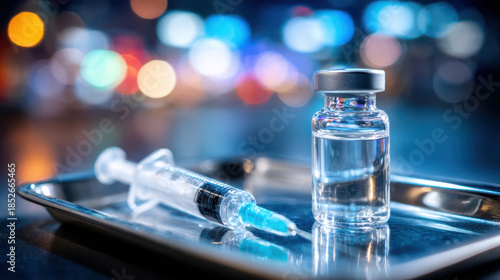 Wallpaper Mural Close up sterile medical syringe with clear liquid and vial on shiny metal tray with copy space Torontodigital.ca