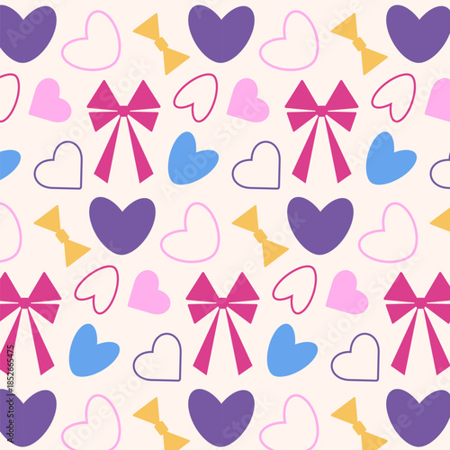 Seamless background pattern with colorful hearts and bows. A sweet romantic illustration for Valentine's Day, wedding cards, wrapping paper, textile design, or fabric.