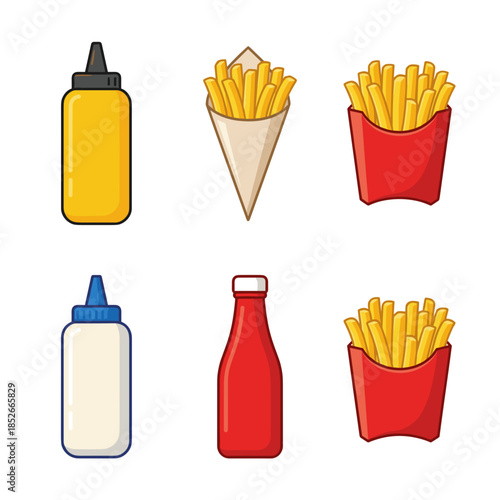 Tasty French Fries Served with Different Condiments Like Mustard, Mayonnaise, and Ketchup